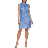 DKNY Women's Sleeveless Mock Neck Dress, Cobalt Multi, 16